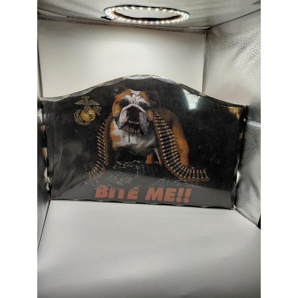 Bulldog with Ammo hanging around neck "Bite Me" Wooden sign US Marines